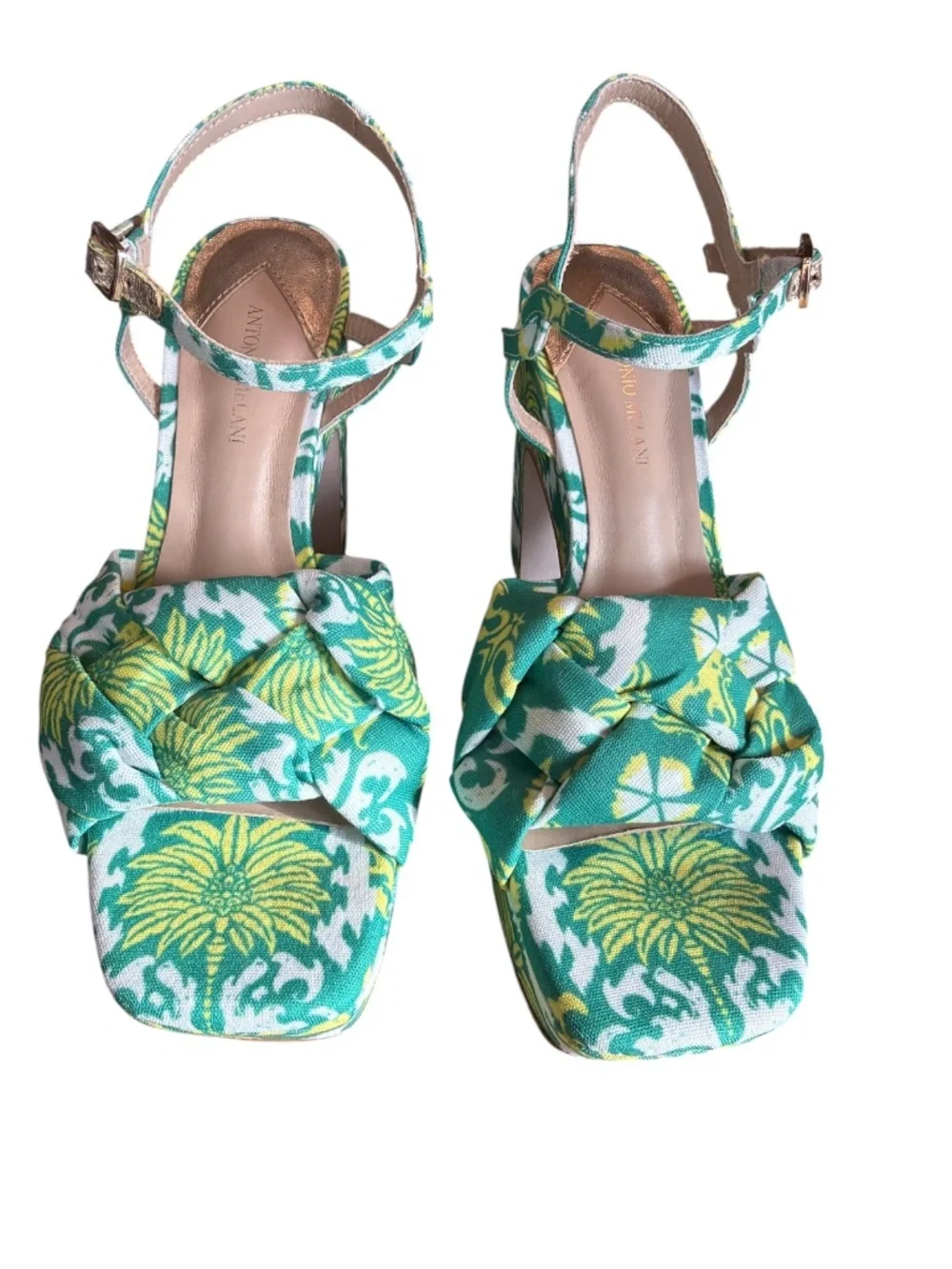 Vacation Glam Tropical Palm Print Platform Block Heels Antonio Melani Maya NWOB